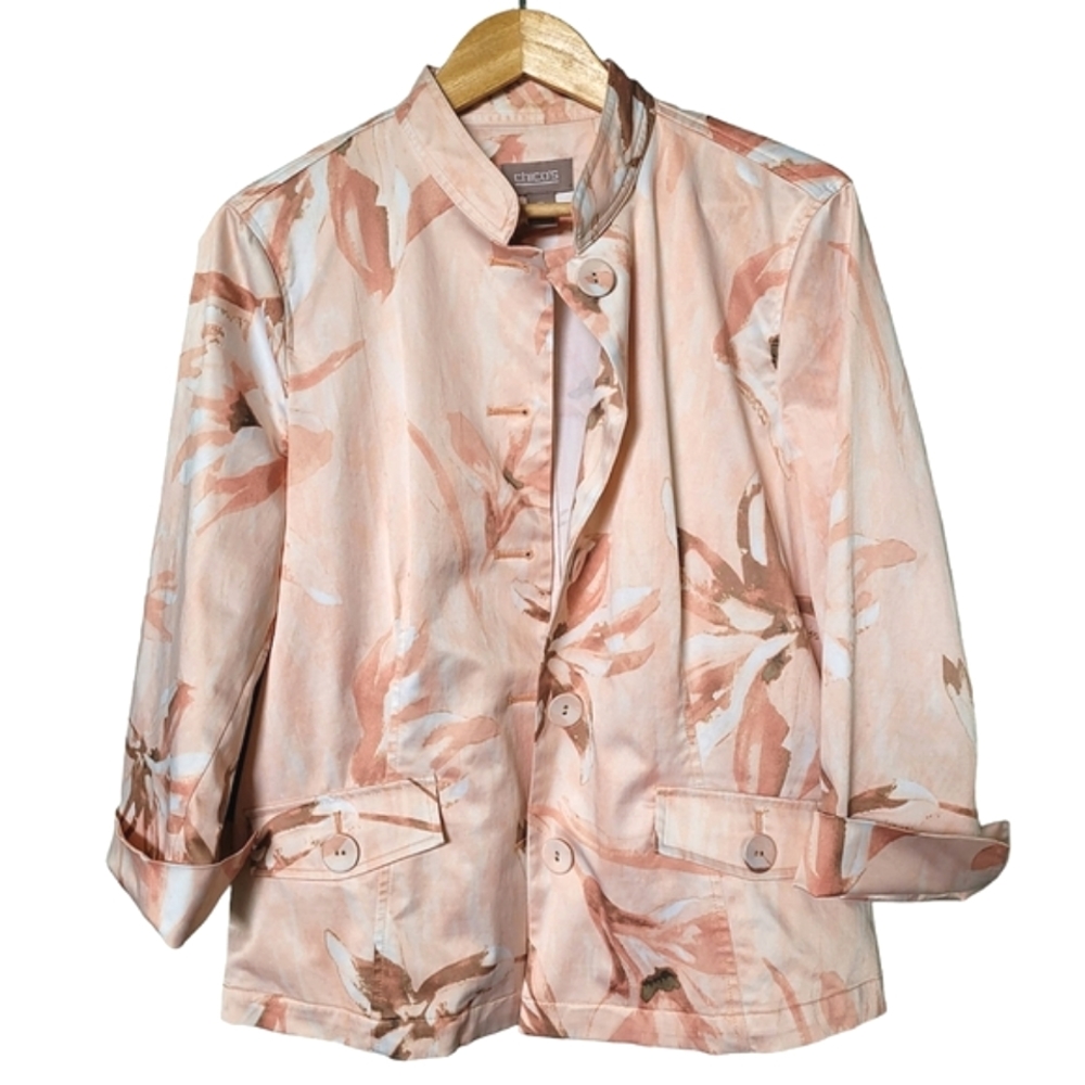 Chicos Floral Print Coral Peach Button Front Shacket size 2 or Large (12)